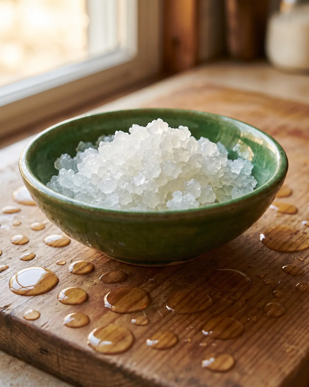 Frisch abgetropfte Wasserkefir-Kristalle liegen auf einer Pinienplatte neben reflektierenden Tropfen.