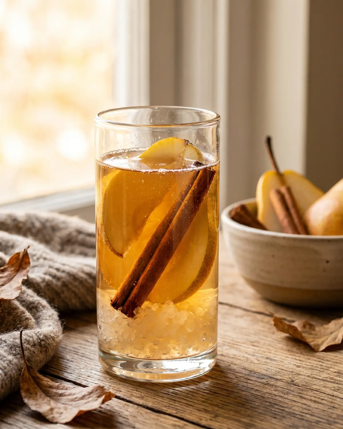 Glas mit Wasserkefir, Birnenscheiben und Zimt in einem herbstlichen, h&auml;uslichen Stillleben.