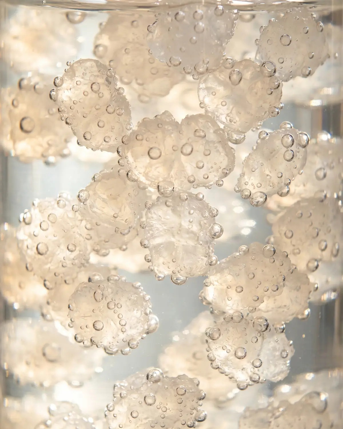 Makroaufnahme von feinen Bl&auml;schen an durchscheinenden Wasserkefir-K&ouml;rnern in klarem Licht.
