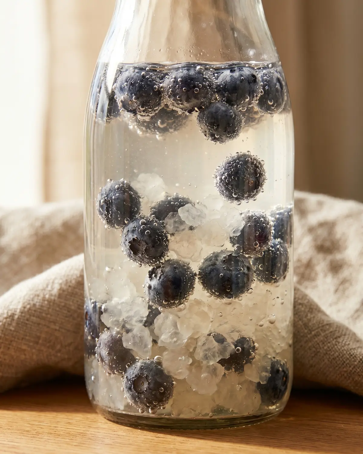 wasserkefir schäumt Blaubeeren in einer Flasche mit Wasserkefir, umgeben von feinen Bläschen bei seitlichem Licht.