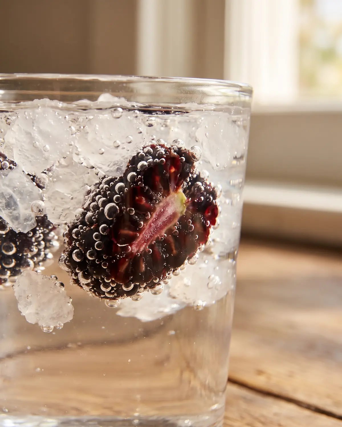 Nahaufnahme von Kohlens&auml;urebl&auml;schen an einer ge&ouml;ffneten Brombeere im Glas bei der zweiten Fermentation