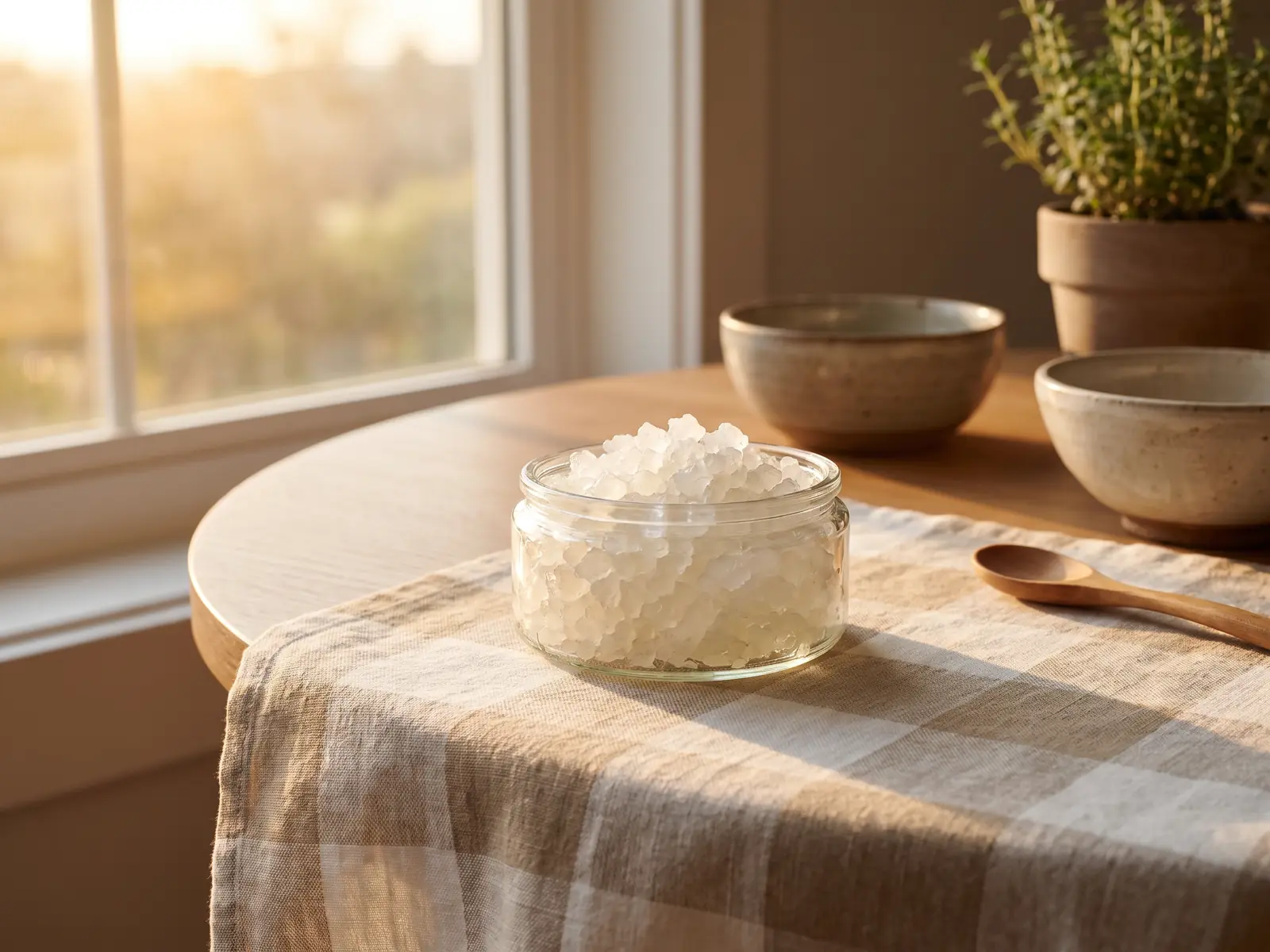 wasserkefir lagern Wasserkefir-Kristalle in einem niedrigen Glas auf einer hellen Tischdecke am Morgen.