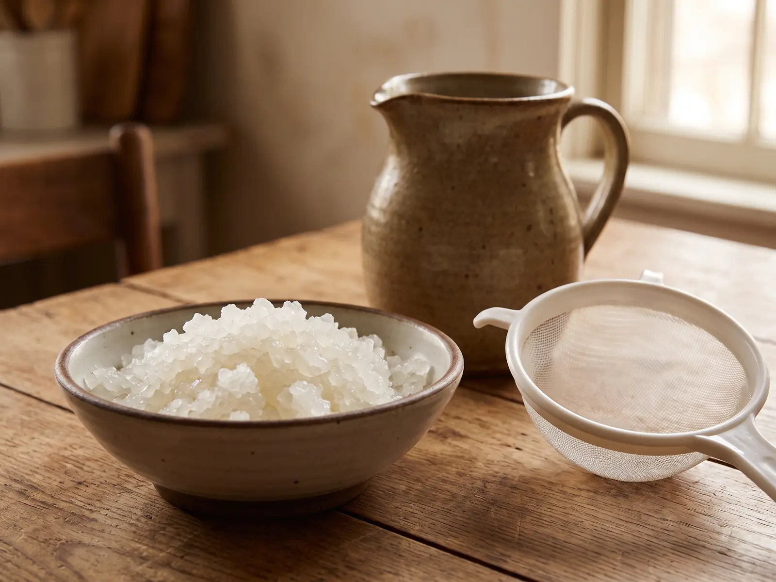 Wasserkefir-Kristalle in einer Schale mit trockenem Kunststoffsieb und Keramikkrug auf hellem Untergrund