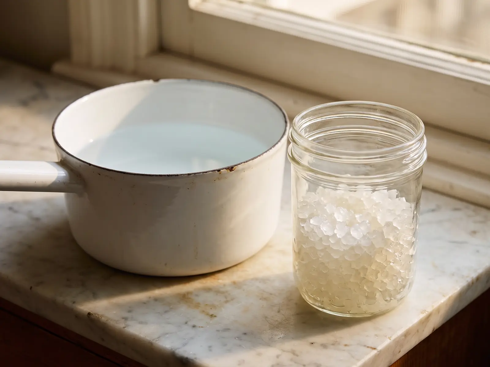 Emailletopf mit abgek&uuml;hltem Wasser und ein Glas mit Wasserkefir-Kristallen auf hellem Marmor.