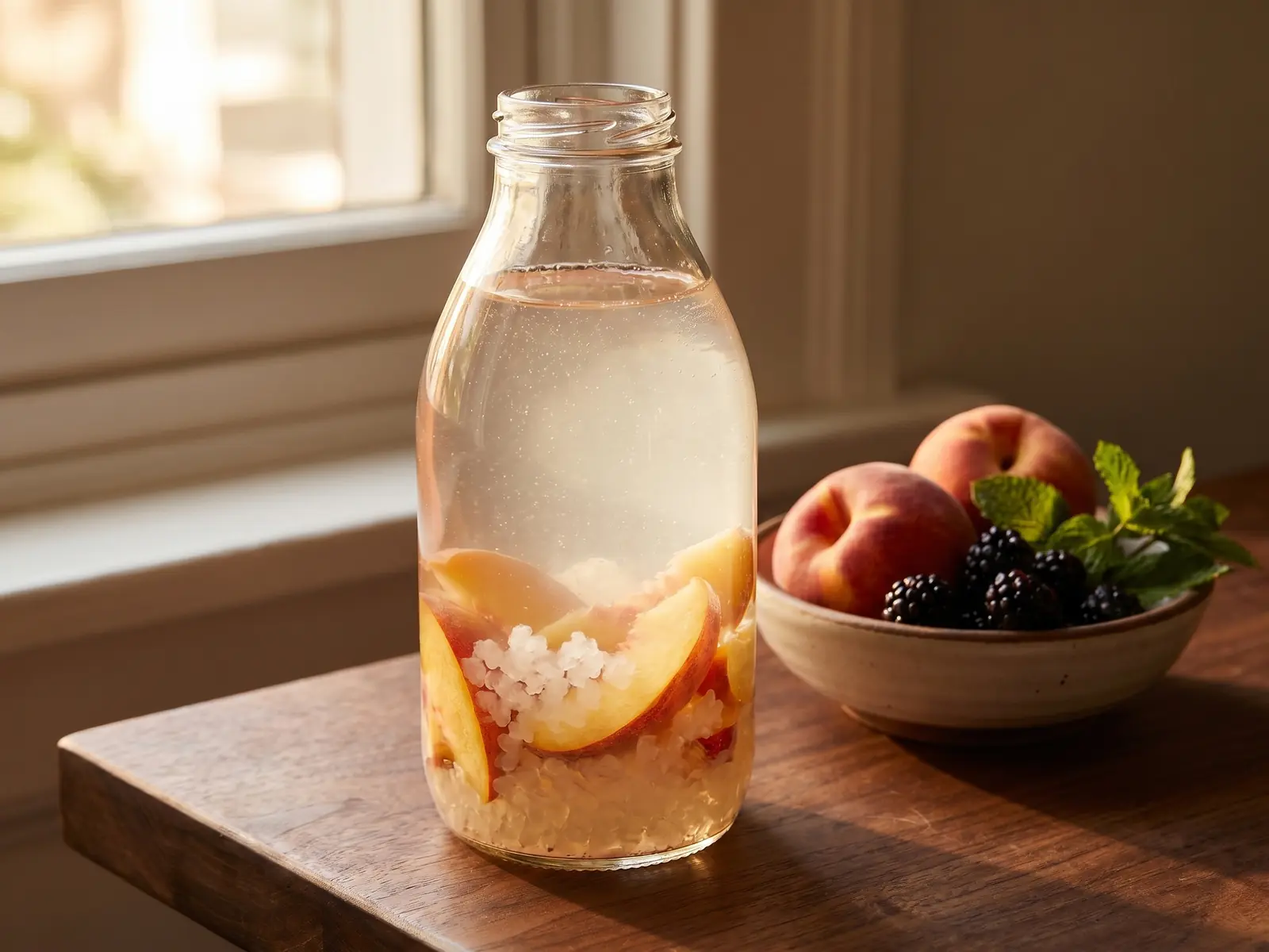 wasserkefir ohne trockenfrüchte Flasche mit hellem Wasserkefir neben Pfirsichstücken auf dunklem Holz in warmem Licht.