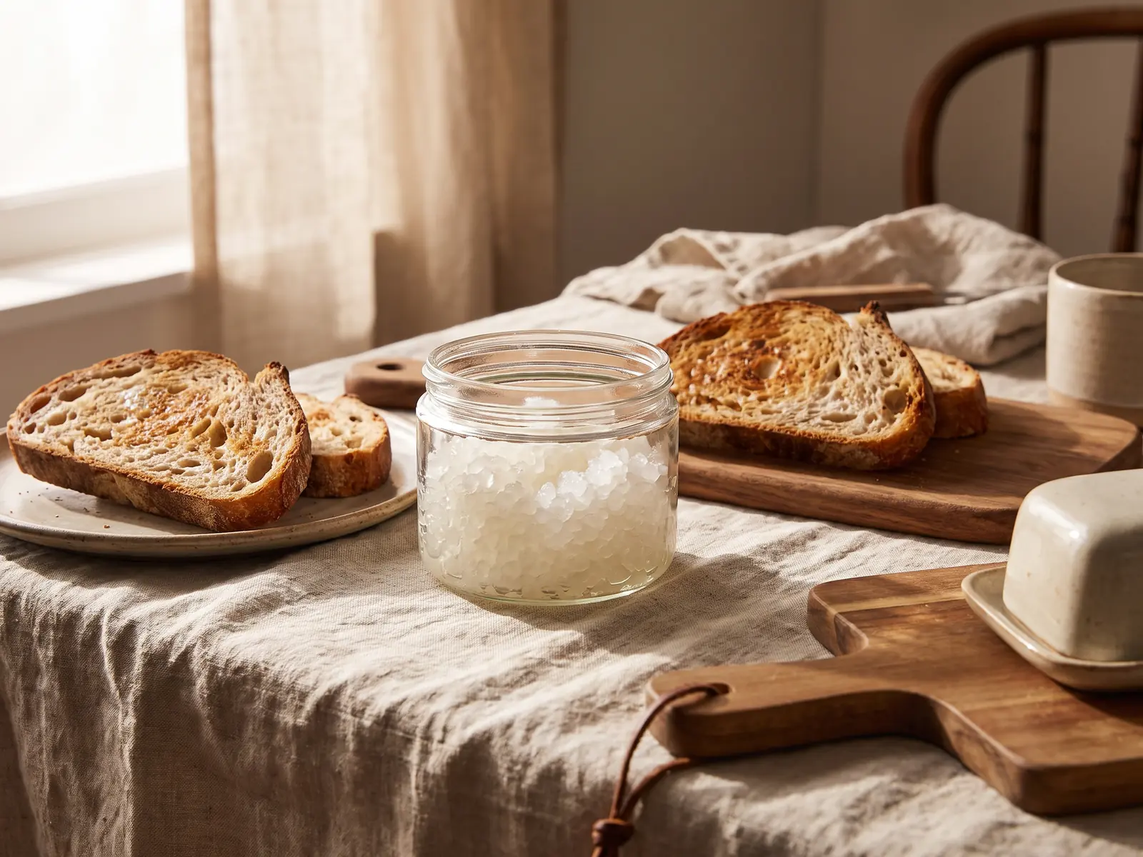 zweitfermentation wasserkefir Frühstückstisch mit Wasserkefir, kristallinen Körnern im Glas, Toastbrot und hellem Leinen
