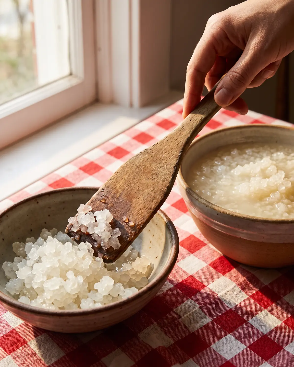 Eine Hand trennt Wasserkefir-Kristalle mit einem flachen Holzspatel &uuml;ber Keramikschalen auf kariertem Tuch.