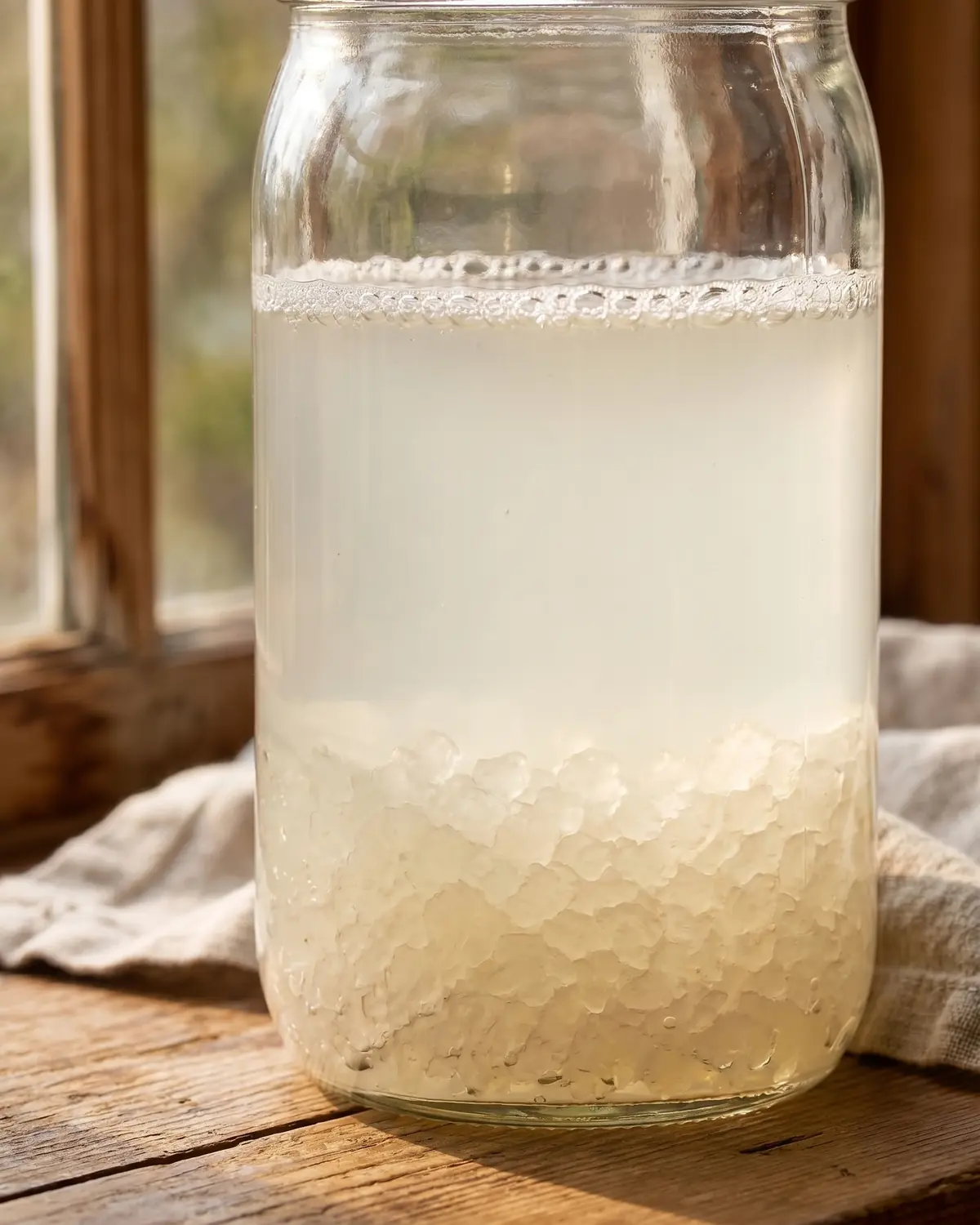 Hohes Glas mit Wasserkefir, feinen Bl&auml;schen an der Oberfl&auml;che und warmem Fensterlicht im Hintergrund.