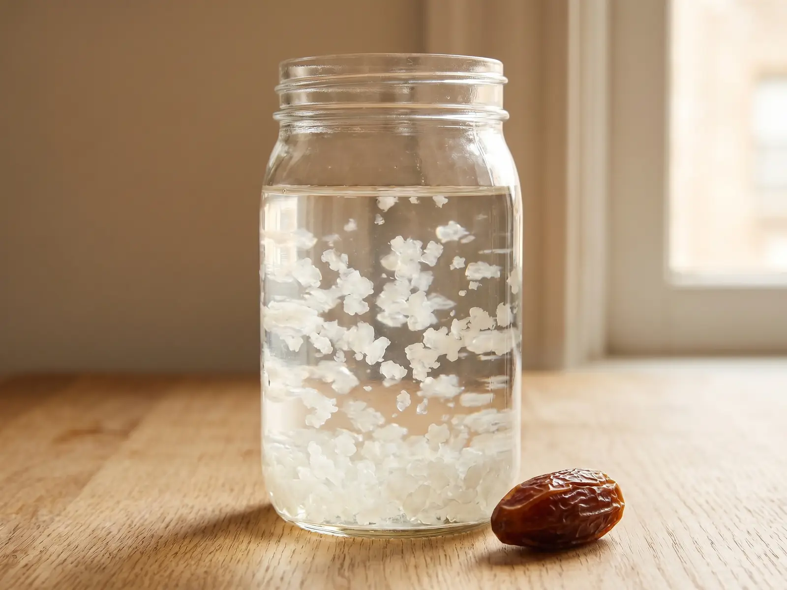 wasserkefir zweite fermentation Glas mit Wasserkefir, hellen Kristallen und einer Dattel als Zutat für die Fermentation zu Hause.