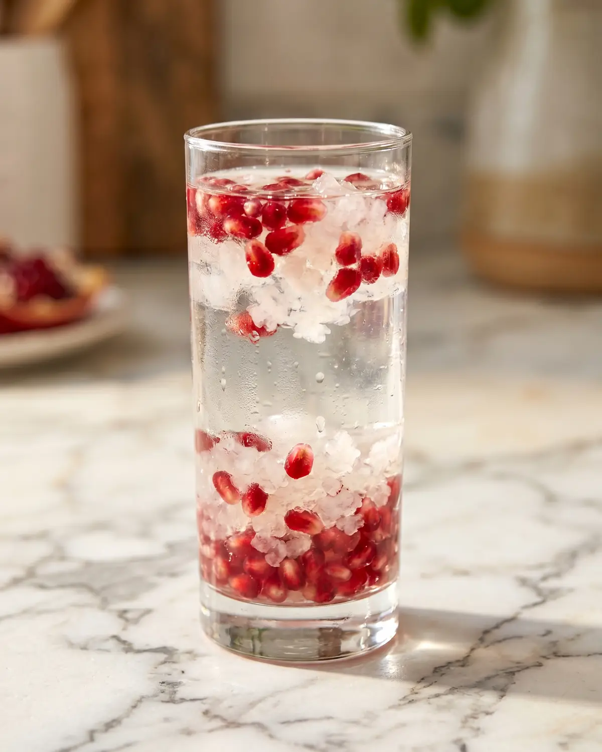 wasserkefir rezepte Wasserkefir mit Granatapfel in einem feinen Glas, mit schwebenden Samen auf weißem Marmor.