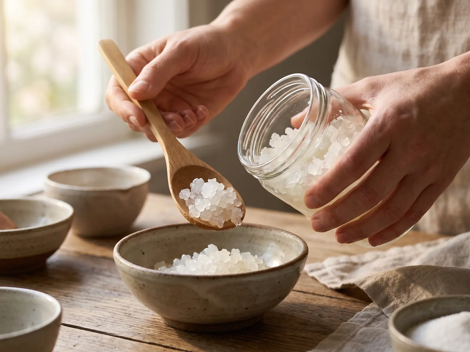 wasserkefir für anfänger Hände füllen kristalline Wasserkefir-Kulturen mit einem flachen Holzlöffel zwischen Glas und Schale um.