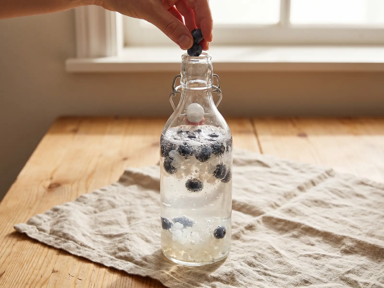 Eine Hand gibt Blaubeeren in eine Flasche Wasserkefir auf einem Tisch mit Holz und Leinen.