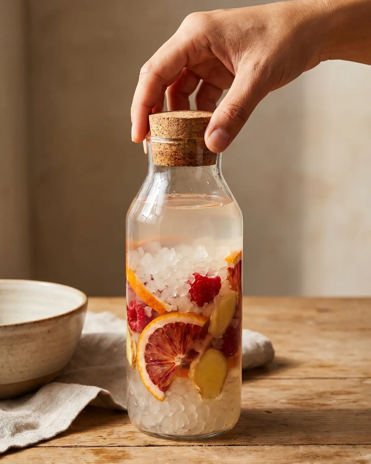 wasserkefir kristalle selbst herstellen Eine Hand verschließt eine klare Flasche mit Wasserkefir, in der saisonale Früchte sichtbar sind.
