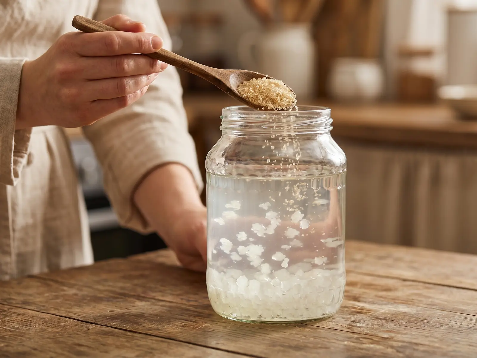 Eine Hand gibt mit einem Holzl&ouml;ffel Rohrzucker in ein Glas mit Wasserkefir-Ansatz.