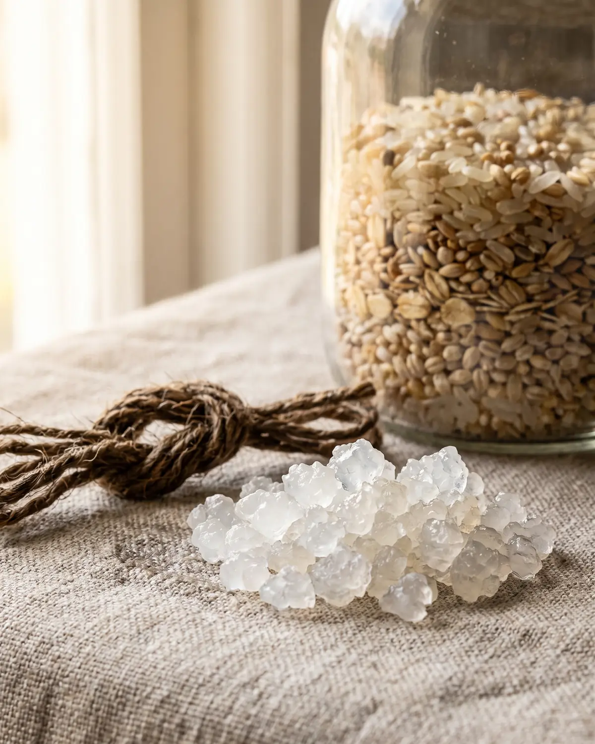 zweitfermentation wasserkefir Feuchter Juteknoten auf rohem Stoff, dahinter Glas mit Wasserkefir-Kristallen in weichem Licht