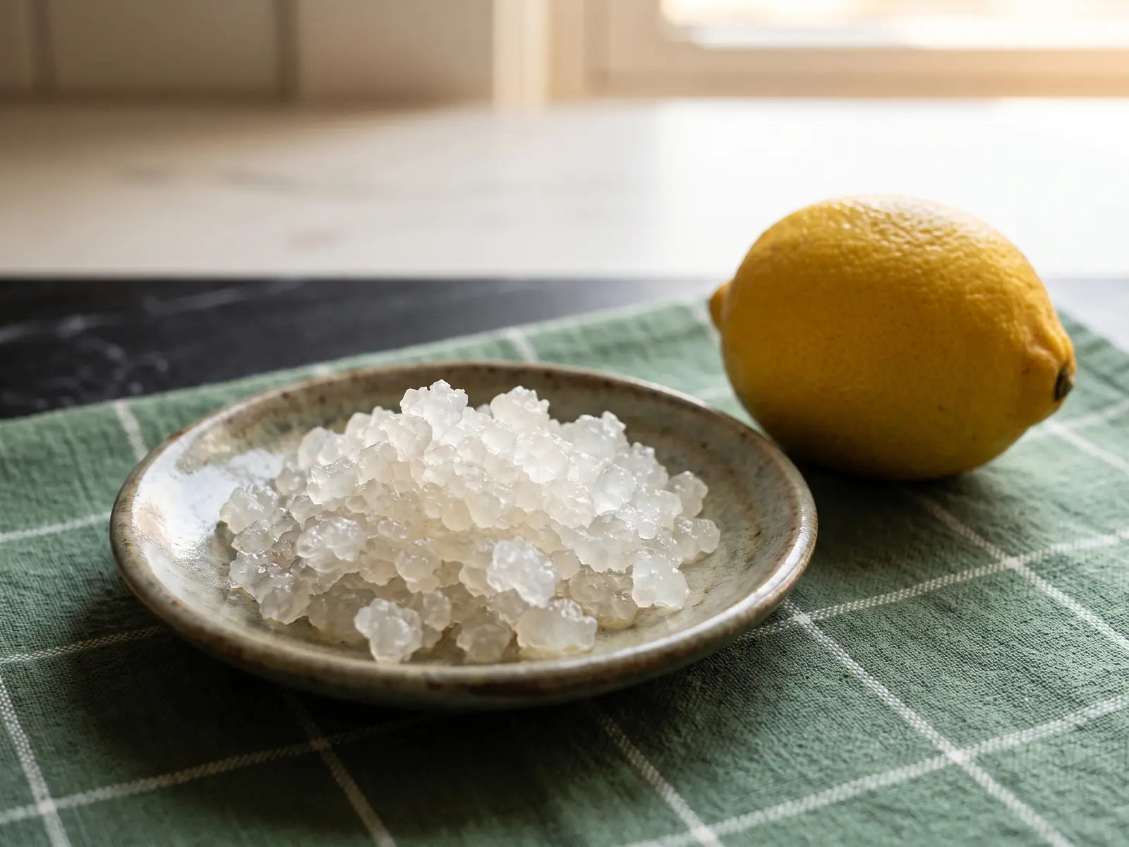 Wasserkefir-Kristalle auf einem Keramikteller mit Zitrone auf dunklem Marmor und gr&uuml;nem Tuch.