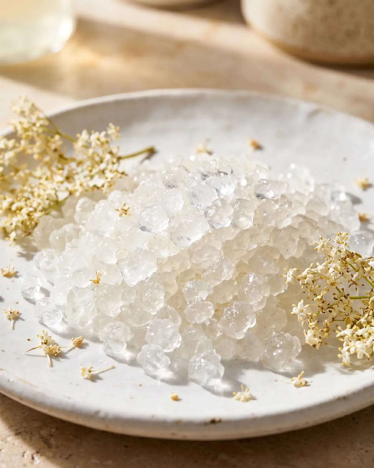 Kristalline Wasserkefir-K&ouml;rnchen auf einem wei&szlig;en Teller mit getrockneten Holunderbl&uuml;ten daneben.