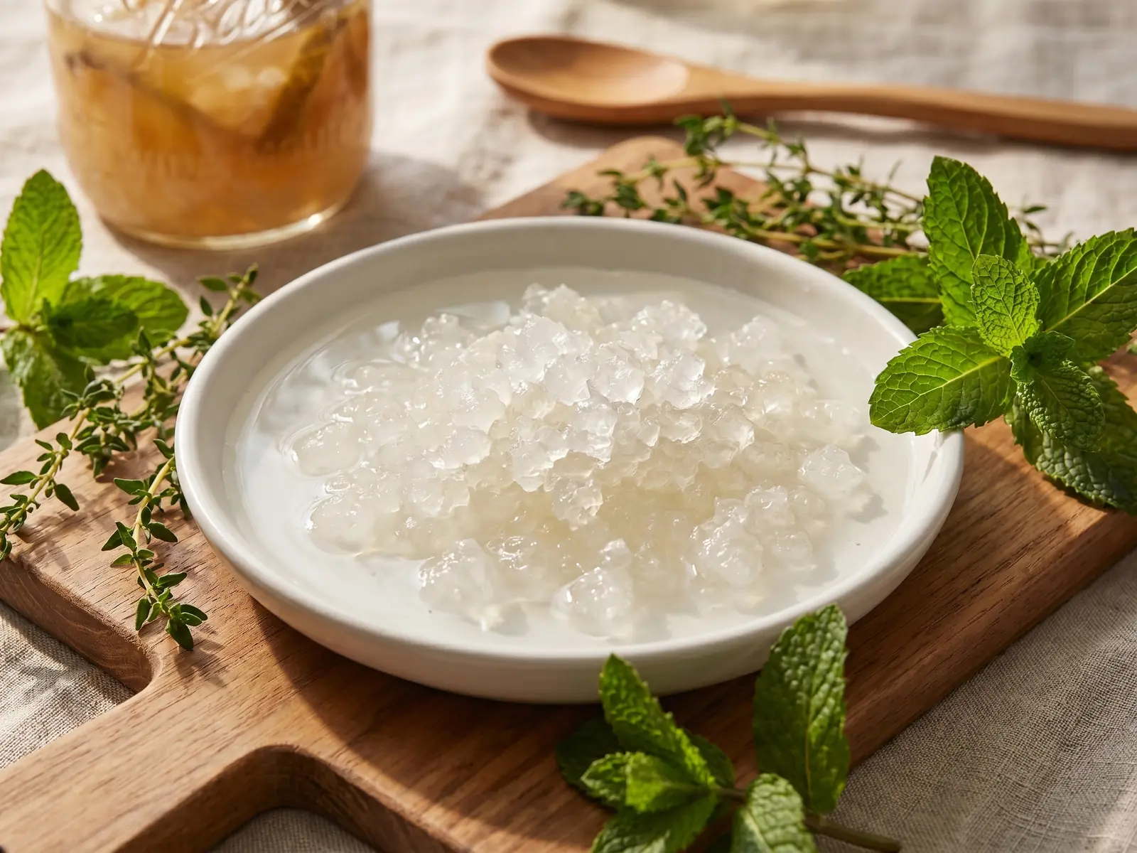 wasserkefir Durchscheinende Wasserkefir-Körnchen liegen in Wasser auf einem weißen Teller mit frischen Kräutern.