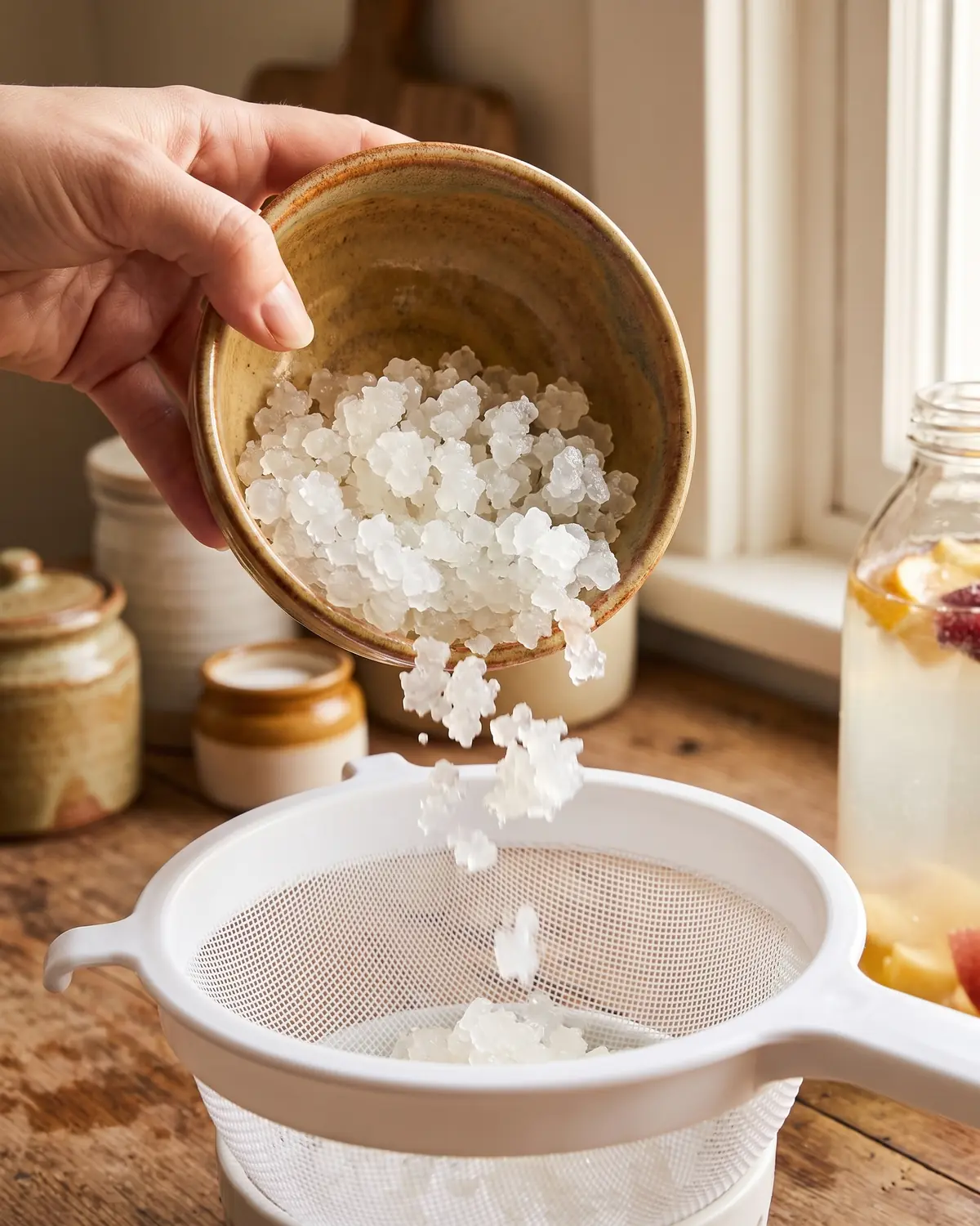 Eine Hand gie&szlig;t kompakte Wasserkefir-Kristalle aus einer Keramikschale in ein wei&szlig;es Kunststoffsieb