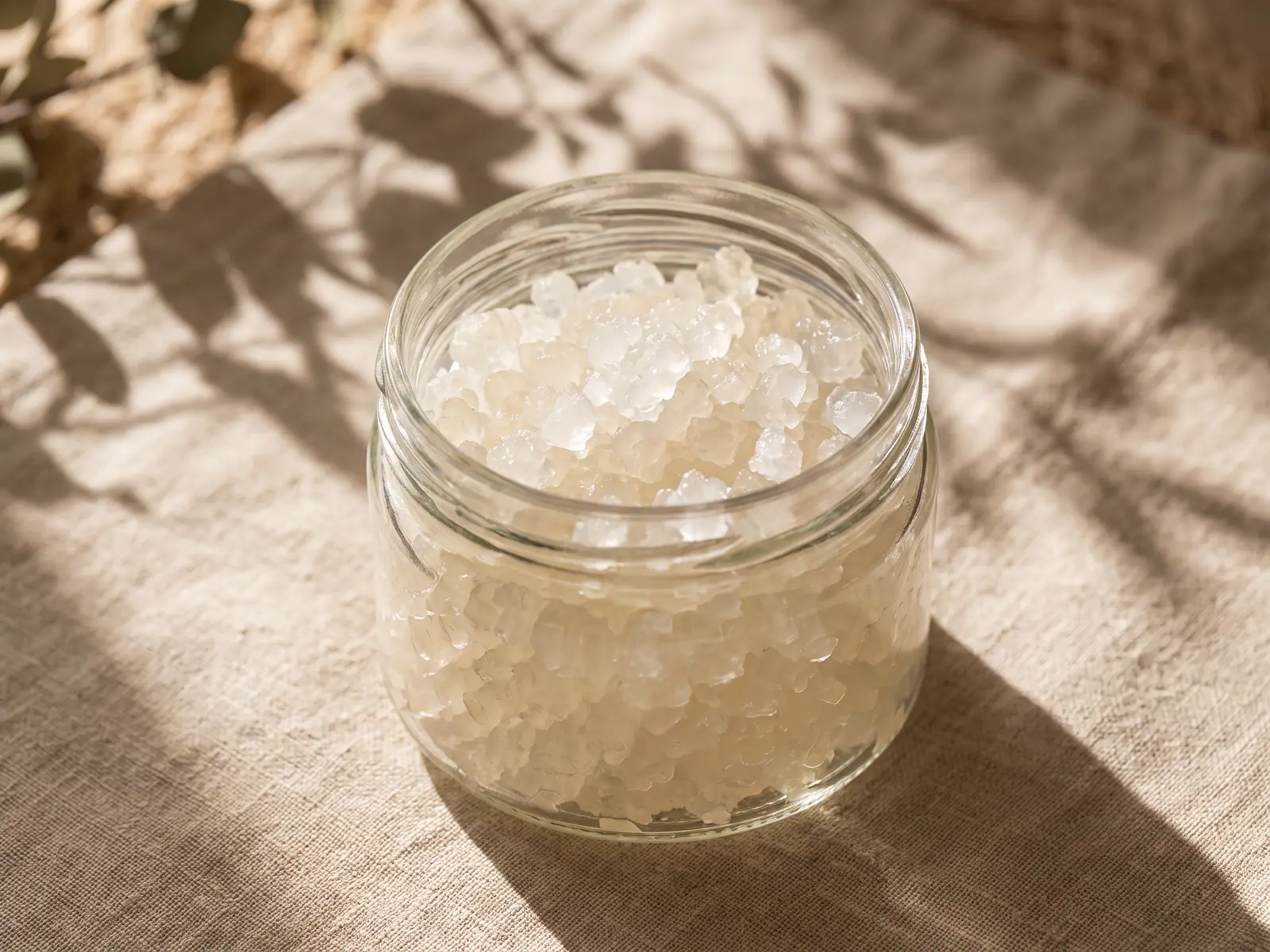 Glas mit kristallinen Wasserkefir-Kulturen auf Leinentuch im weichen Schatten von Bl&auml;ttern.