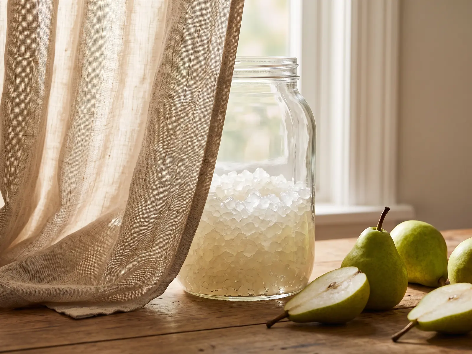 wasserkefir anleitung Großes Glas mit Wasserkefir-Kristallen hinter Leinenvorhang, davor grüne Birnen im weichen Licht.