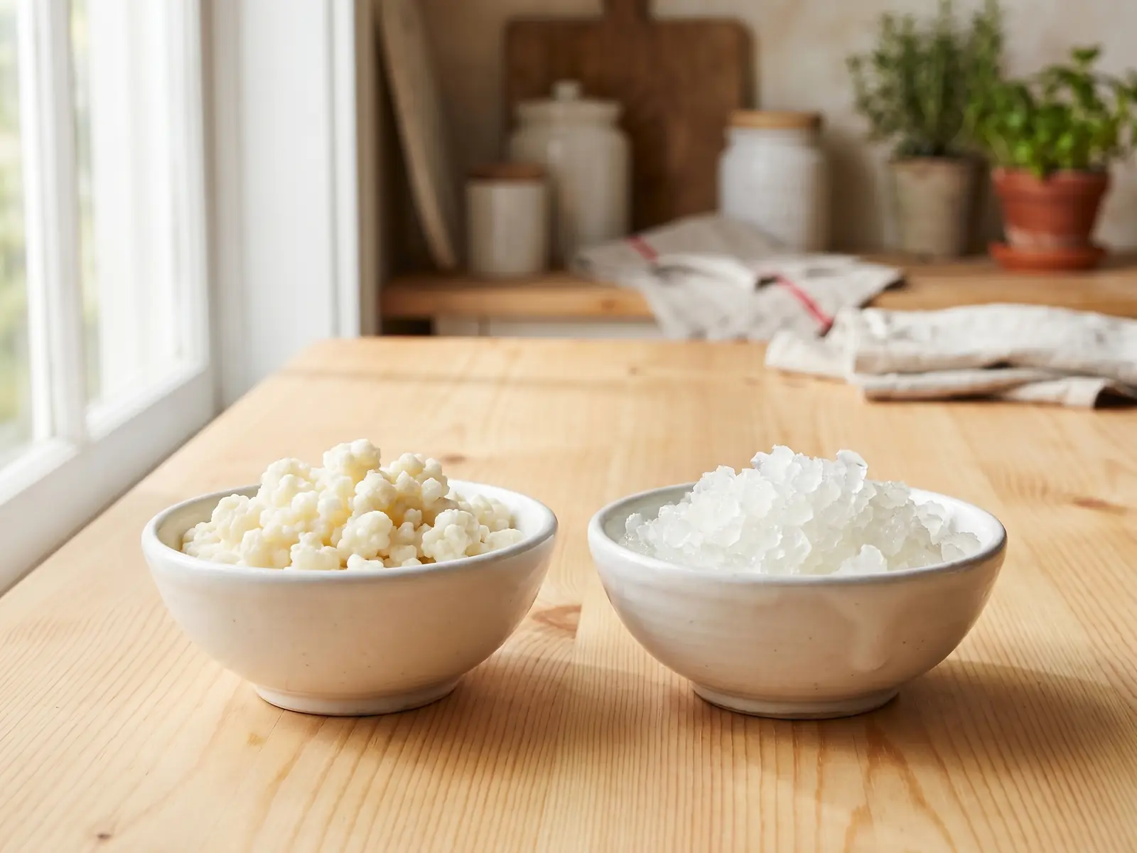 Vergleich von opaken Milchkefir-Knollen und kristallinen Wasserkefir-K&ouml;rnern in zwei Schalen.