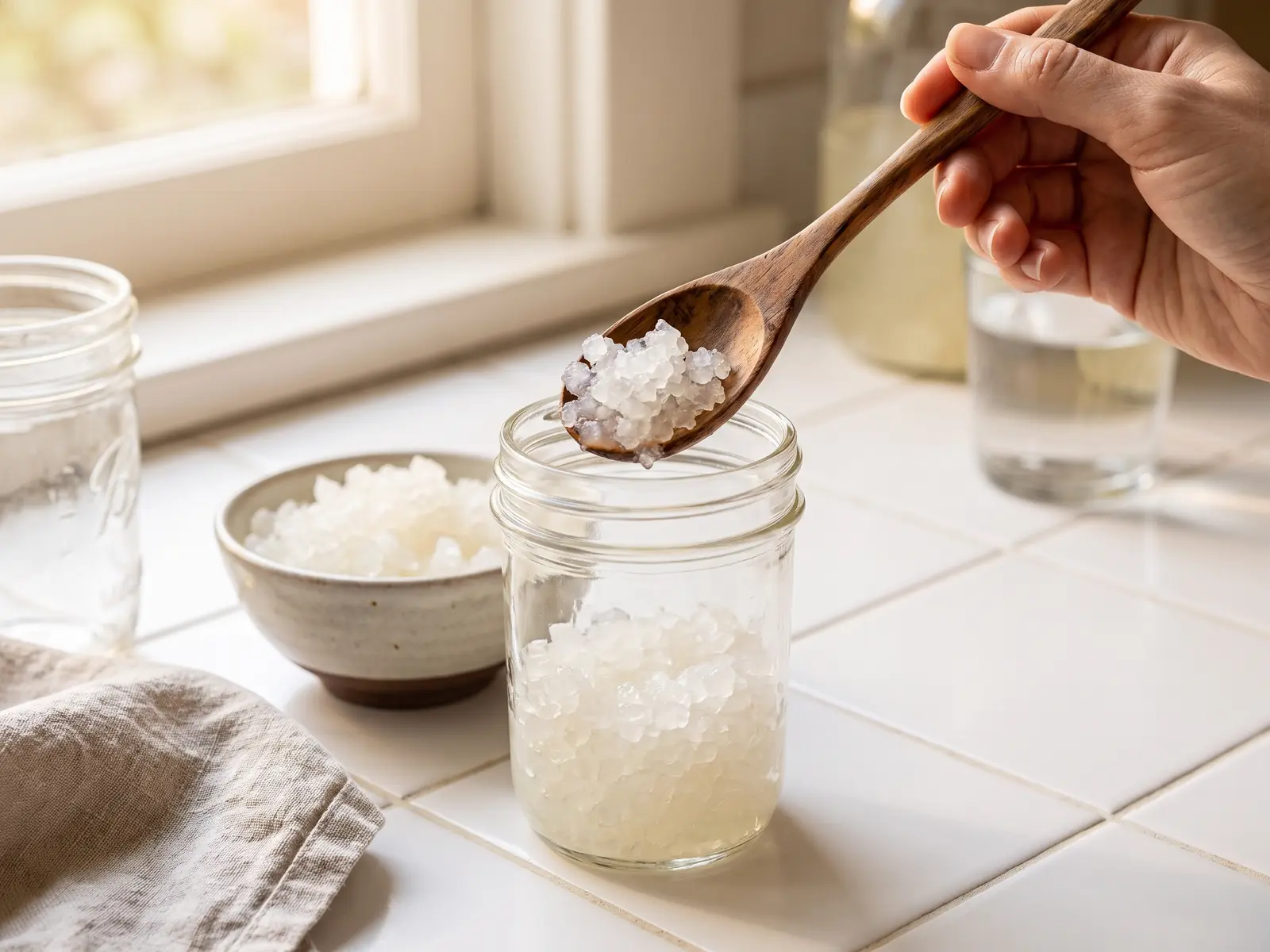 Eine Holzl&ouml;ffelportion durchscheinender Wasserkefir-Kristalle wird &uuml;ber einem Glas auf wei&szlig;en Kacheln gehalten.