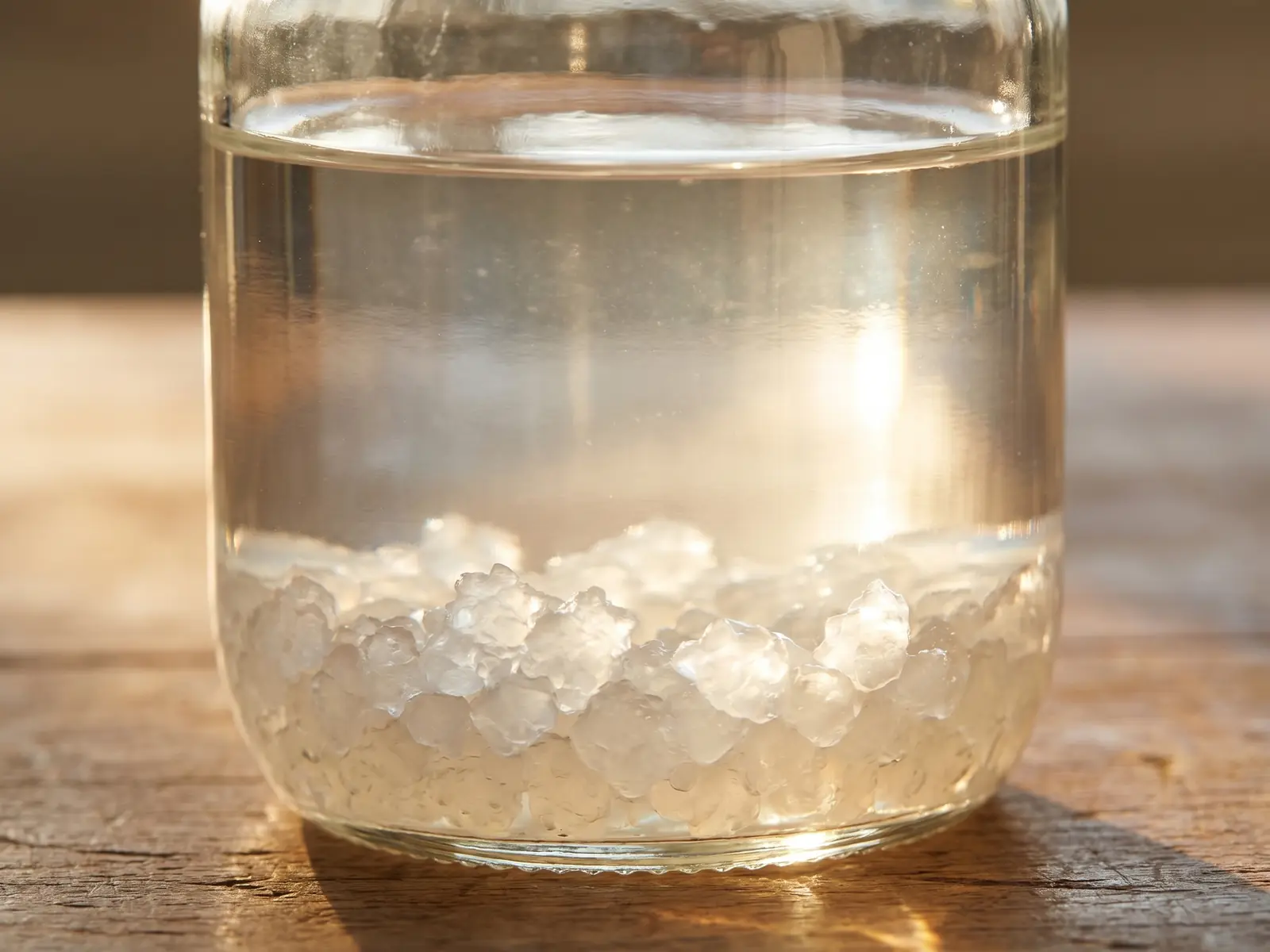 wasserkefir darm Seitlicher Blick auf ein Glas Wasserkefir mit klarer Flüssigkeit und Körnchen am Boden.