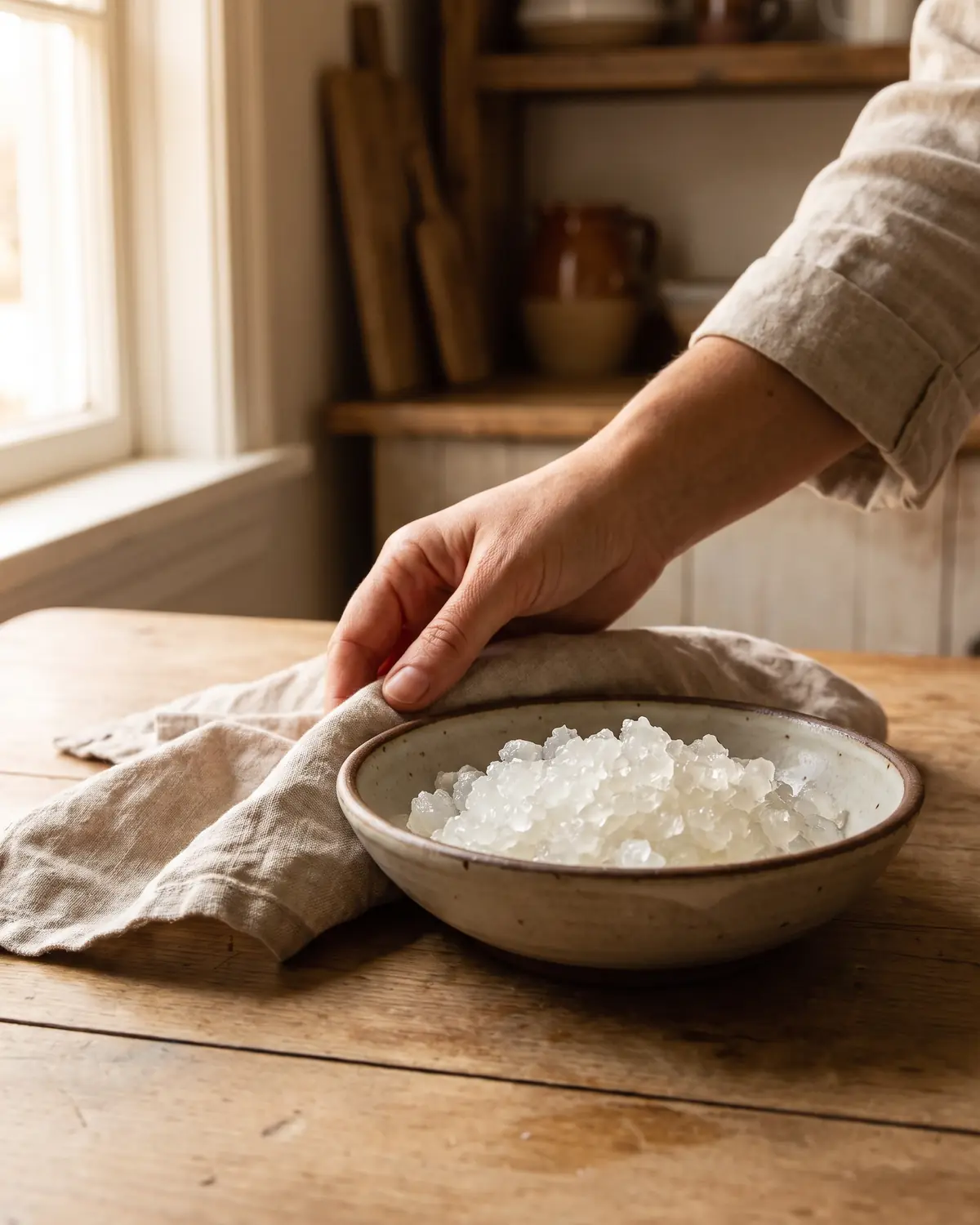 wasserkefir anleitung Hand legt ein Leinentuch neben eine Schale mit rehydrierten Wasserkefir-Kristallen im seitlichen Licht.