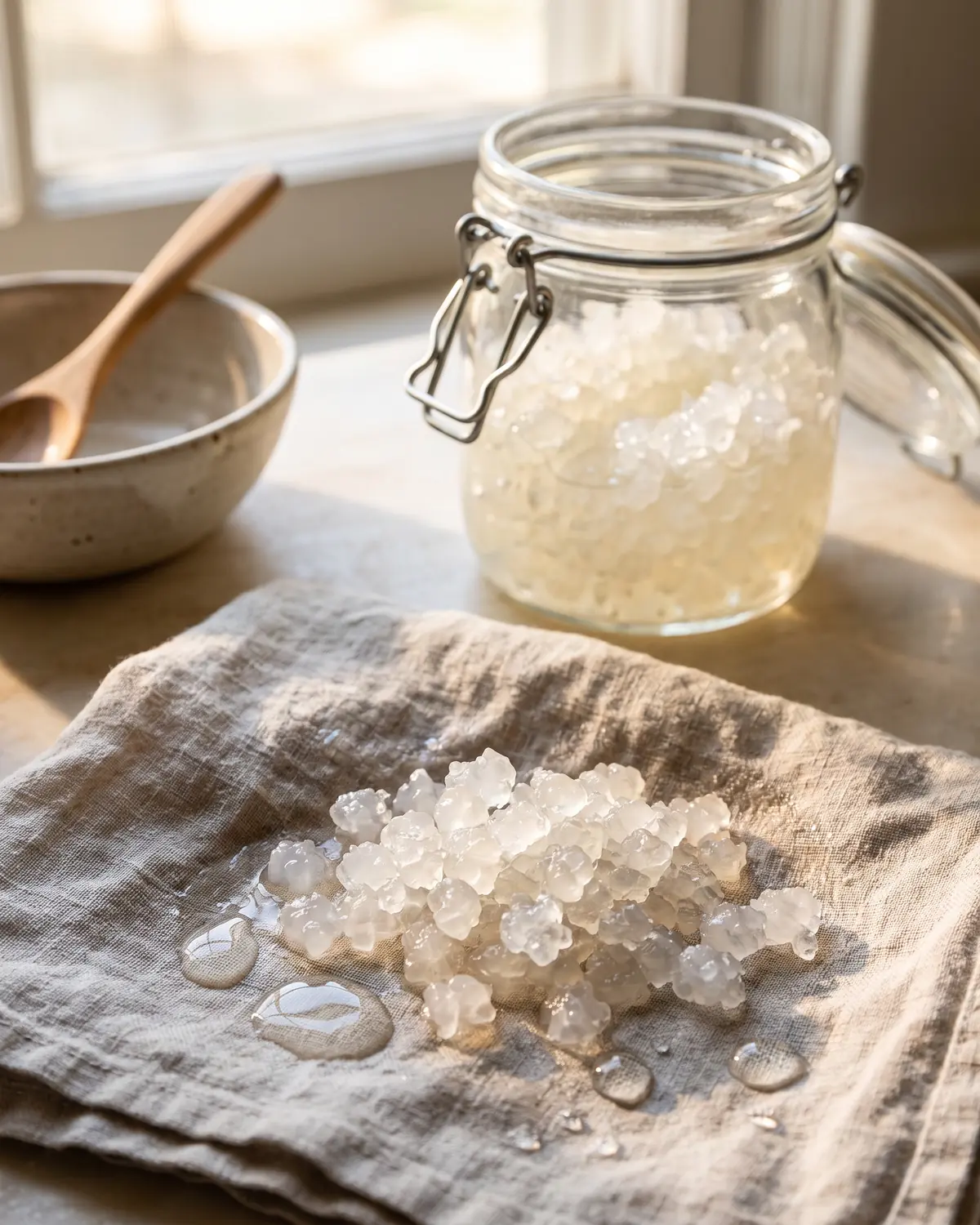 Transparente Wasserkefir-Kristalle tropfen auf einem Tuch ab, dahinter steht ein ge&ouml;ffnetes Kulturglas.