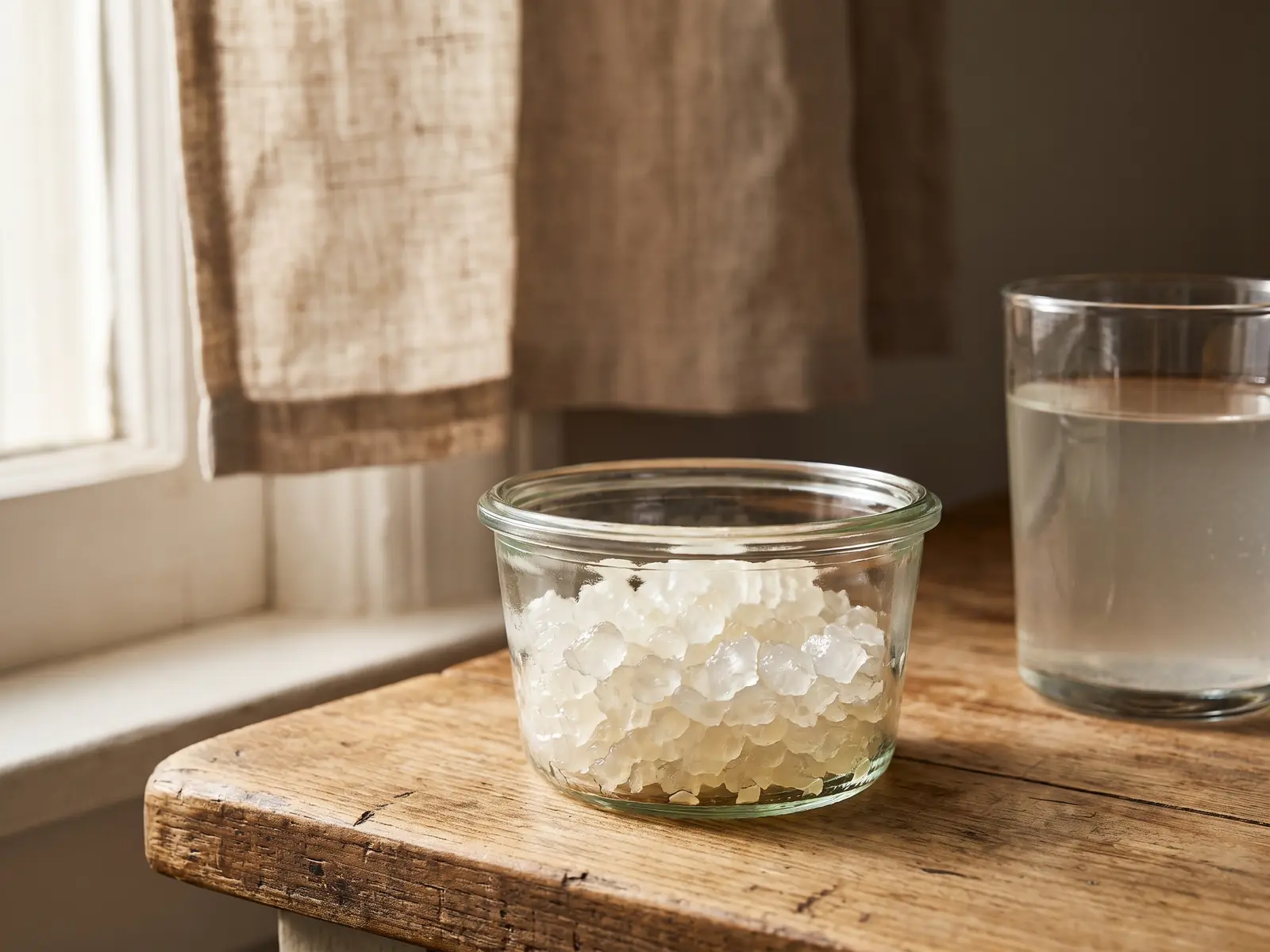 wasserkefir schäumt Glas mit Wasserkefir-Kristallen, Zuckerwasser und Leinentuch auf einer Küchenarbeitsplatte.