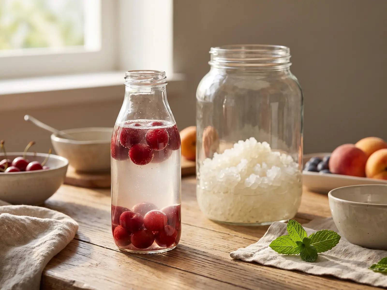 Sommerliche Arbeitsfl&auml;che mit Wasserkefir, Kirschen in der Zweitfermentation und Kulturglas im Hintergrund.