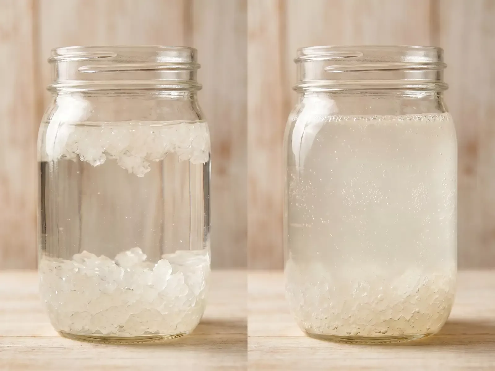wasserkefir kristalle werden kleiner Zwei Gläser zeigen frisch angesetzten und fertigen Wasserkefir mit feinen Bläschen auf hellem Holz.