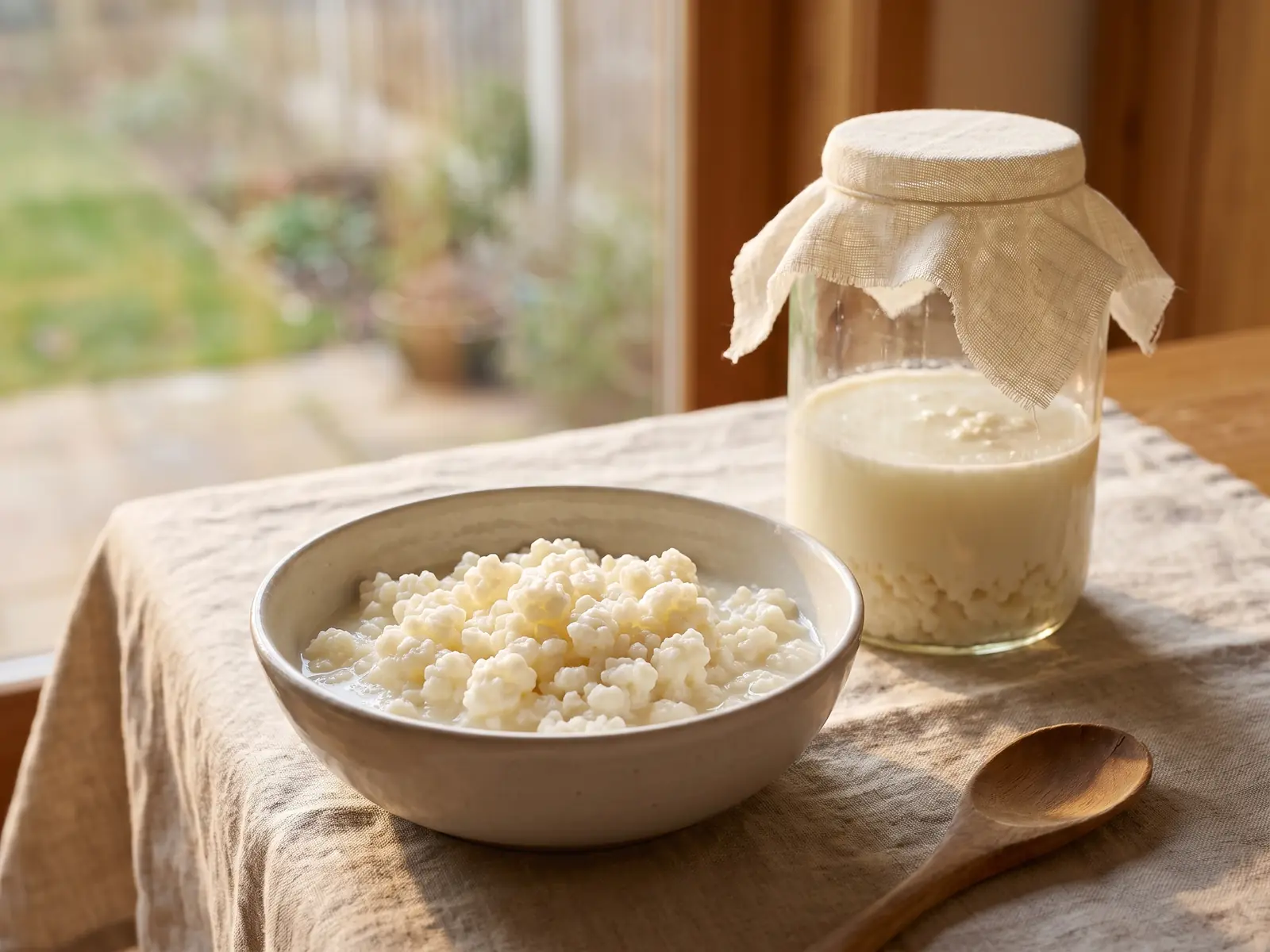 kefir halal Milchkefir im Glas am Abendlicht neben feuchtem Kefirgranulat auf einer Leinentischdecke.