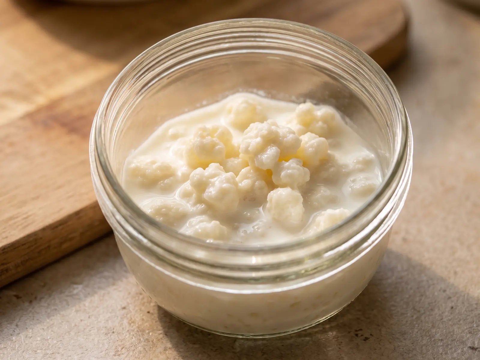 kefir buttermilch gesünder Ein frisch gefülltes Glas mit Milch und unregelmäßigen Kefirknollen auf einer hellen Arbeitsfläche.