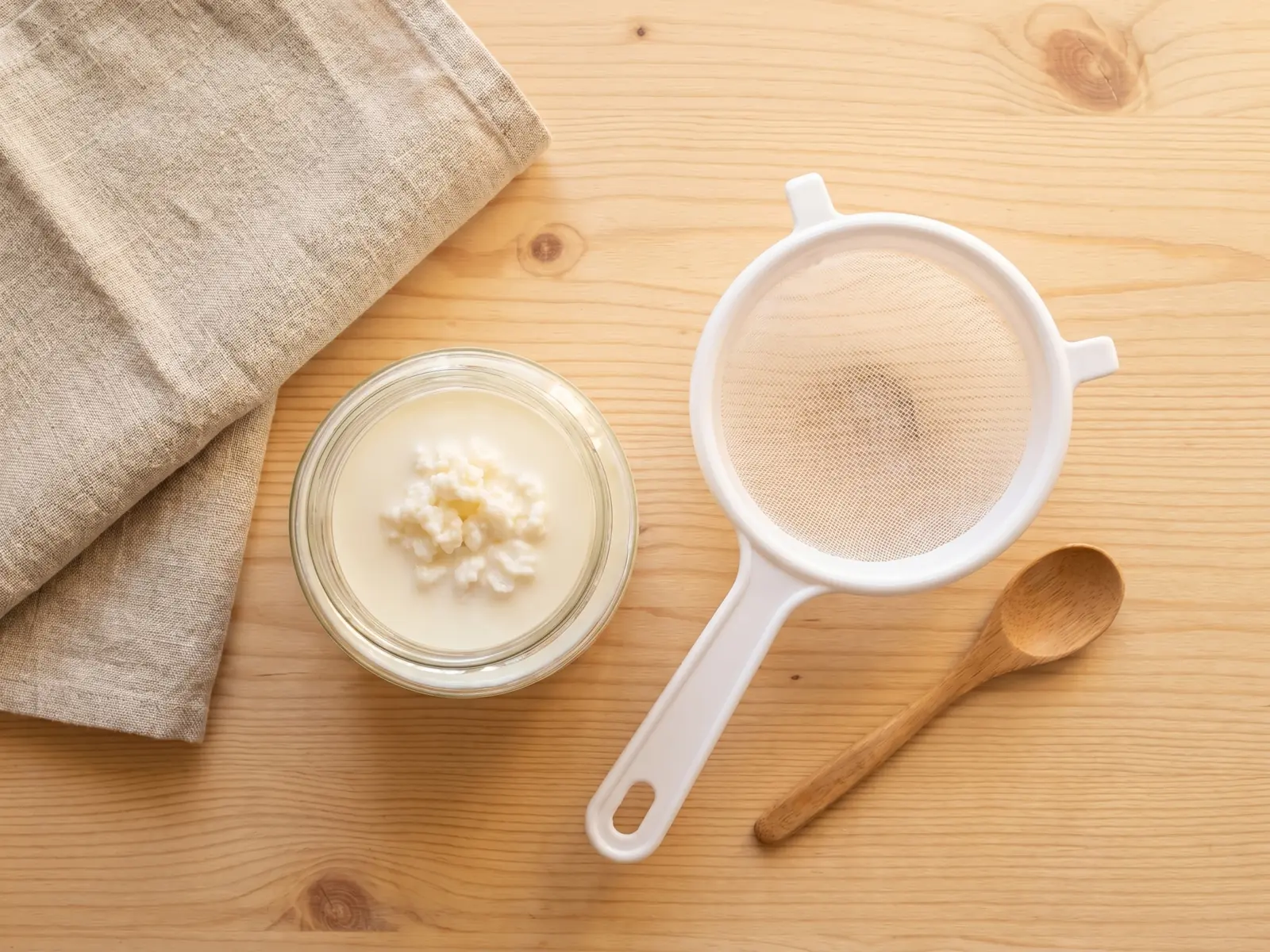 kefir darmbakterien Glas mit Milchkefir auf einer Arbeitsplatte, daneben ein weißes Sieb, Holzlöffel und Leinentuch.