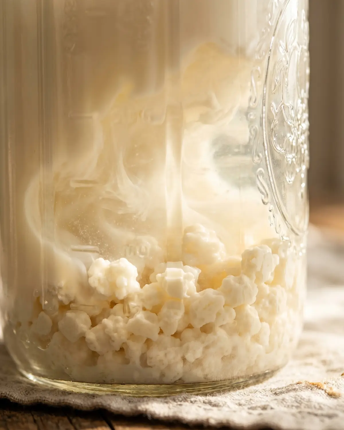 hilft kefir bei sodbrennen Makroaufnahme von cremeweißen Kefirknollen am Glasboden, umgeben von leicht durchscheinender Milch.