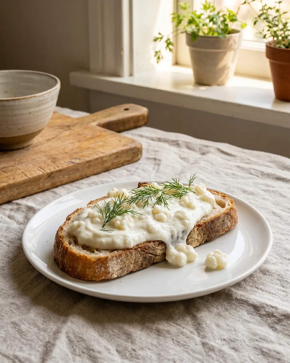 kefir muskelaufbau Dicker Milchkefir mit frischem Dill auf rustikalem Brot, serviert auf weißem Teller und Leinenstoff.