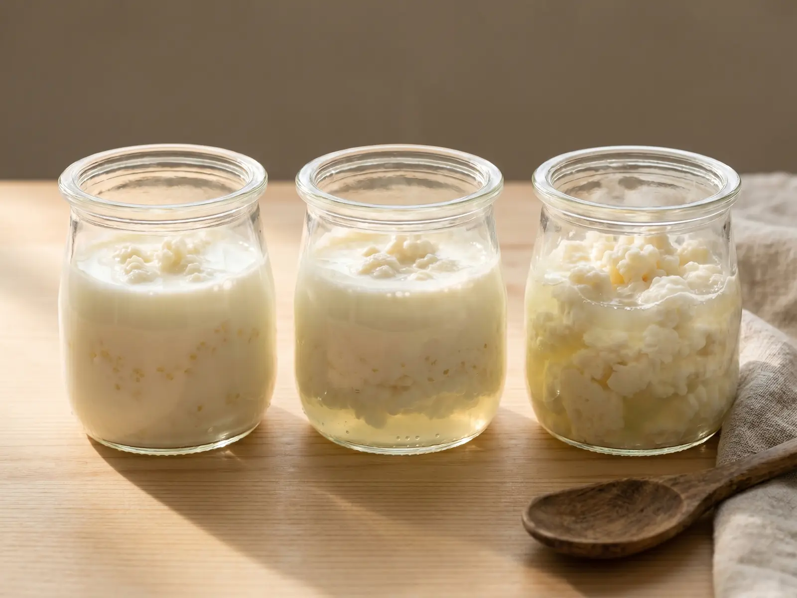 Drei kleine Gl&auml;ser zeigen Milchkefir in verschiedenen Fermentationsstadien mit Creme und Molke.