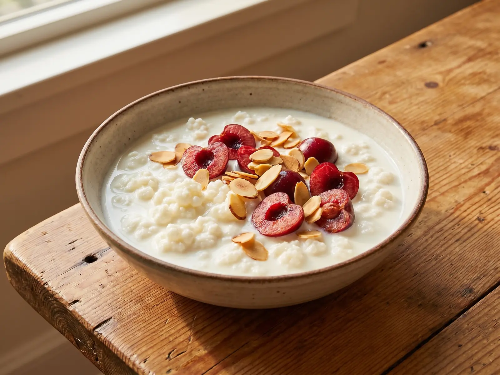 kefir muskelaufbau Breite Schale mit cremigem Milchkefir, halbierten Kirschen und gerösteten Mandeln auf Kiefernholz.