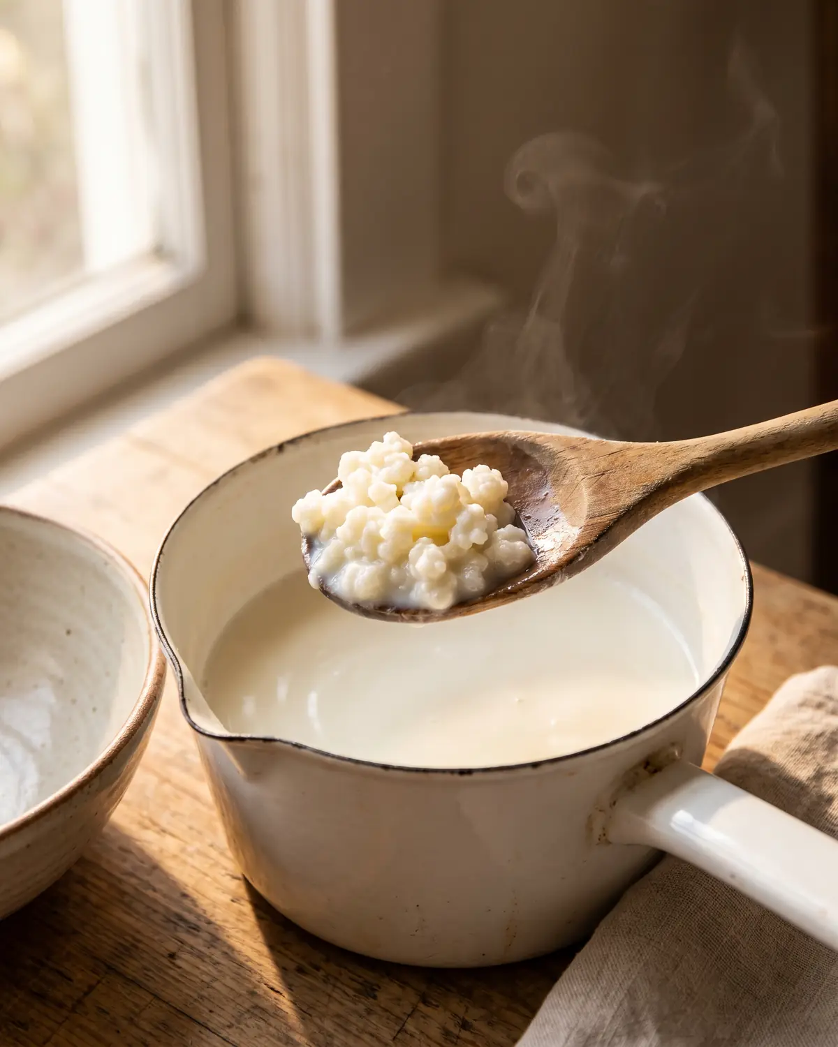 inhaltsstoffe kefir Warme Milch ruht in einem Emailletopf, während Kefirknollen auf einem Holzlöffel bereitliegen.