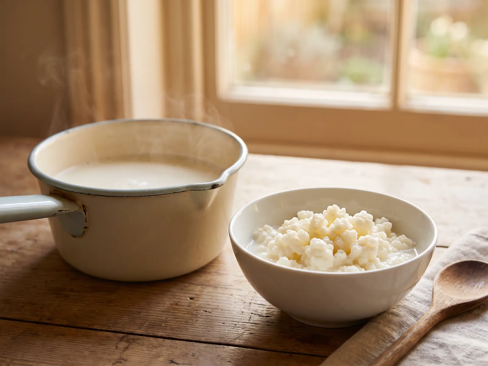 kefir in der stillzeit Emailletopf mit warmer Milch, daneben Kefirknollen in einer weißen Schale an einem hellen Fenster.