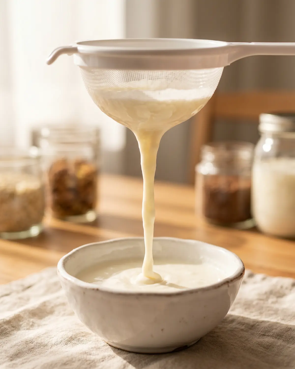 kefir gesund für den darm Dickflüssiger Milchkefir läuft aus einem weißen Sieb in eine Keramikschale und zeigt seine cremige Textur.