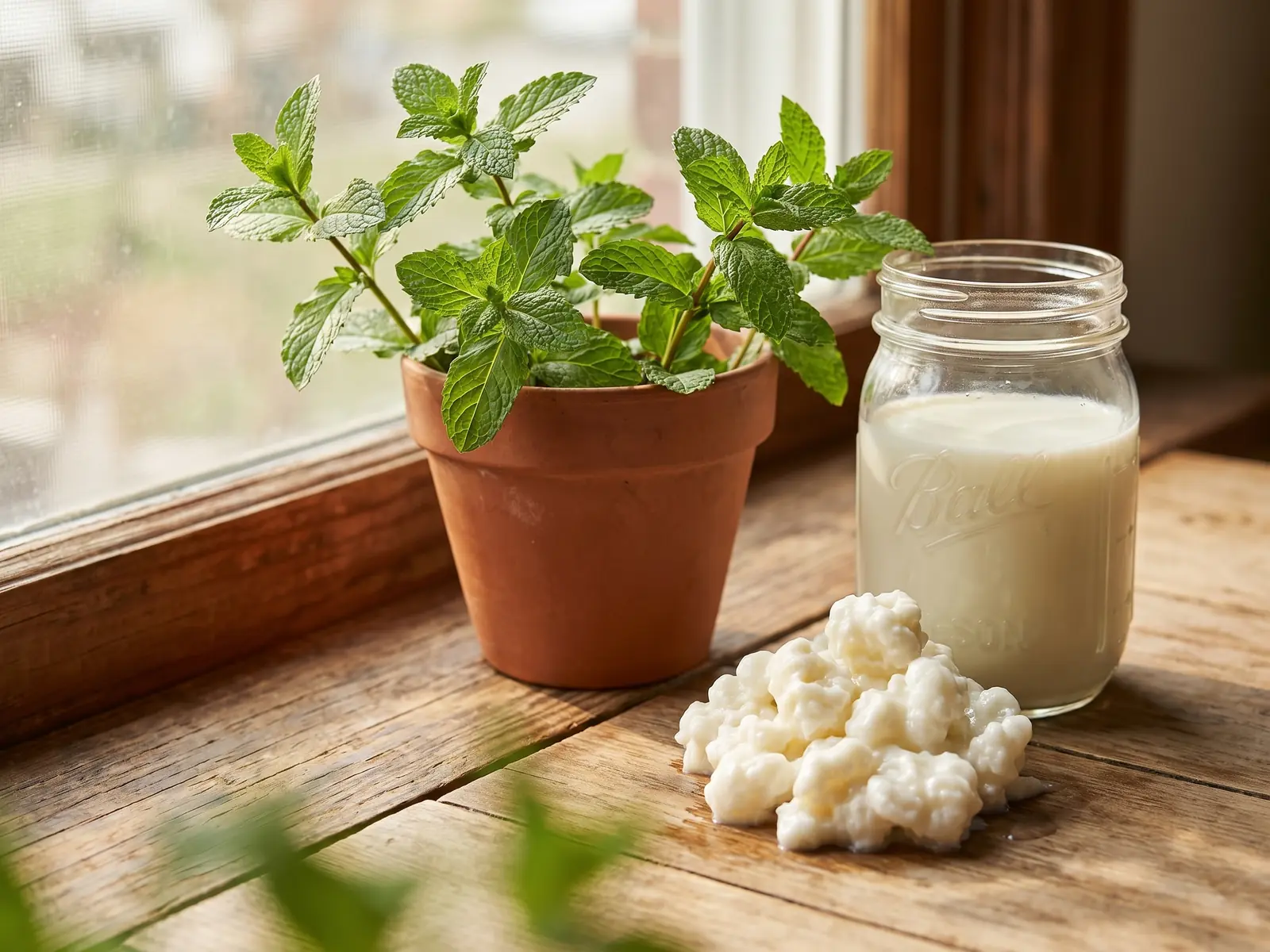 fermentiertes fleisch Glas mit Milch und Kefirknollen auf einer Fensterbank neben Minze im weichen grünen Schatten