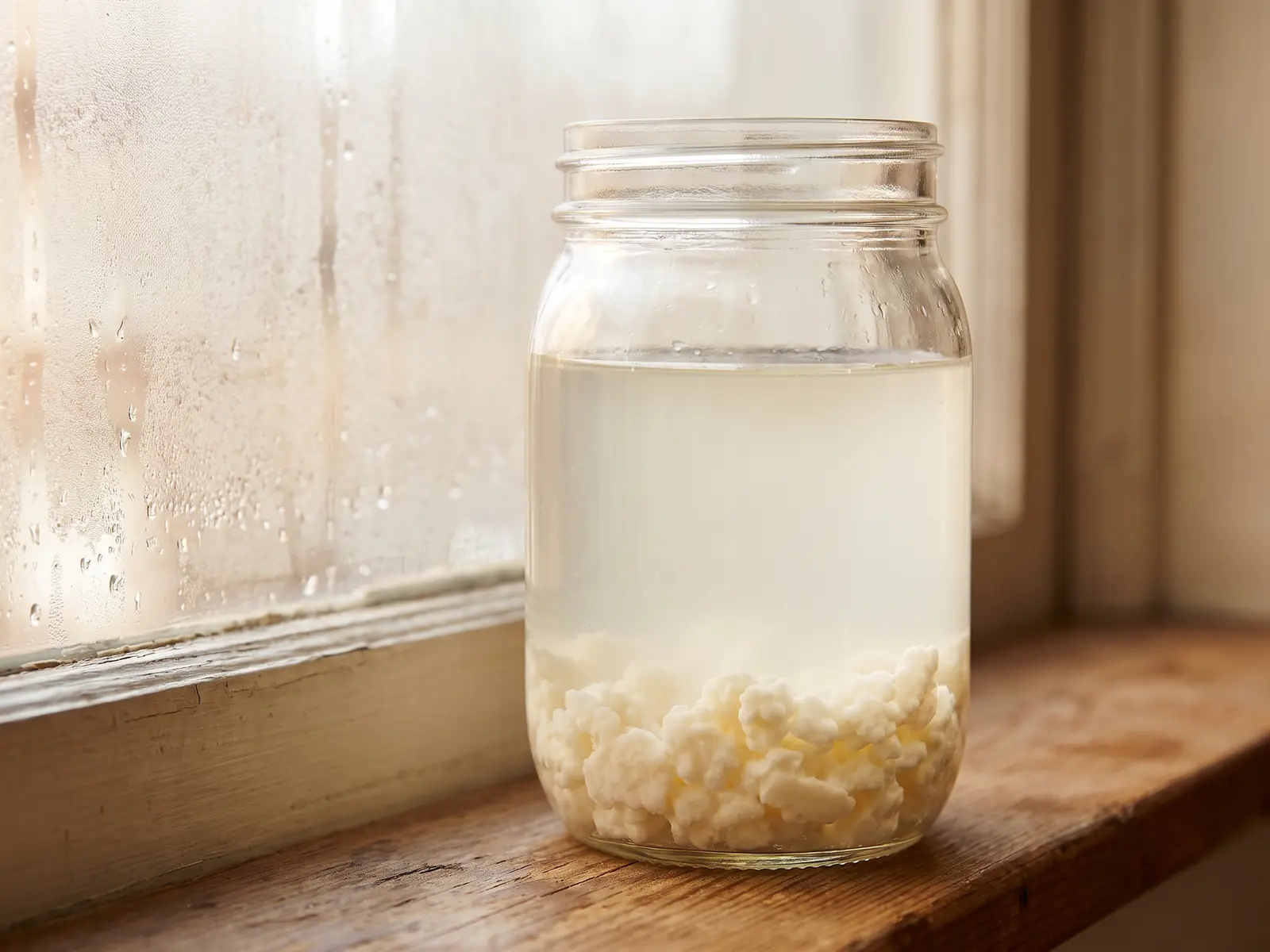 katzen kefir Milchiger Kefir im Glas vor beschlagener Fensterscheibe mit Körnchen am Boden des Gefäßes.