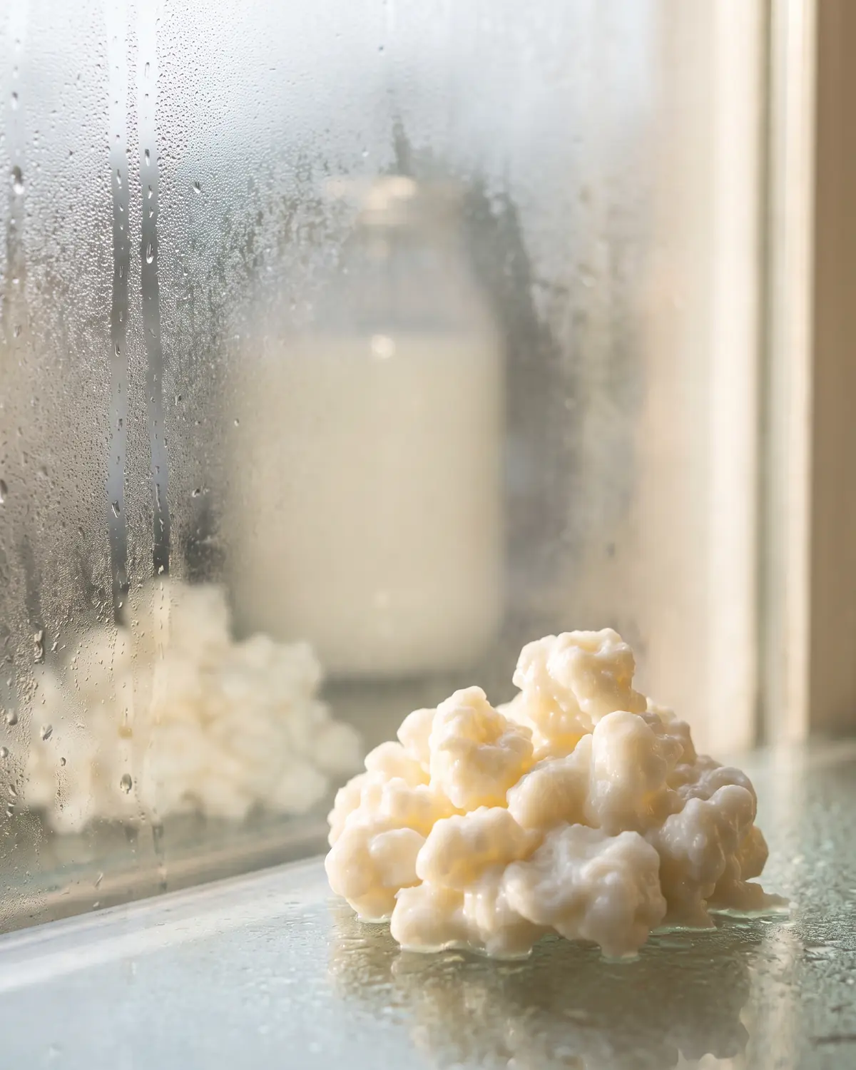 kefir immunsystem Milchiges Kefirglas als Silhouette vor beschlagener Fensterscheibe, mit nur leicht erkennbaren Knöllchen.