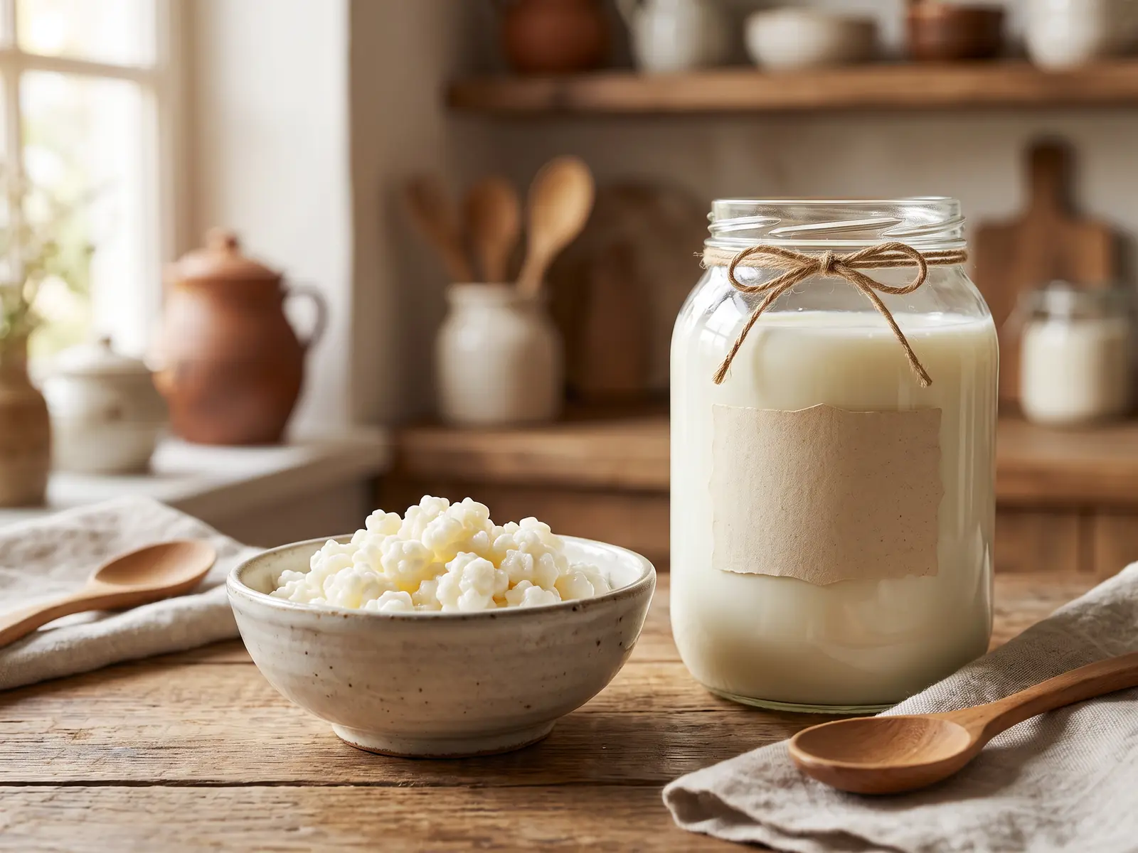 Hausgemachte Milchkefir-Station mit Glas, Keramikschale und Kefirknollen auf heller Arbeitsfl&auml;che.