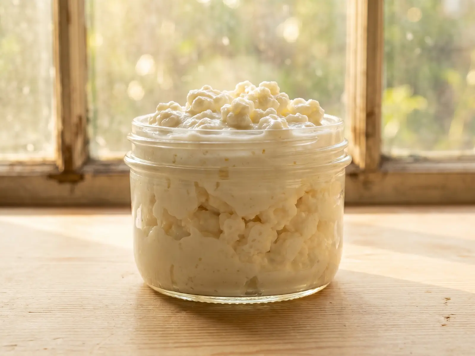 wieviel kefir ist gesund Niedriges Glas mit cremigem Milchkefir auf hellem Pinienholz vor warmem Fensterlicht.