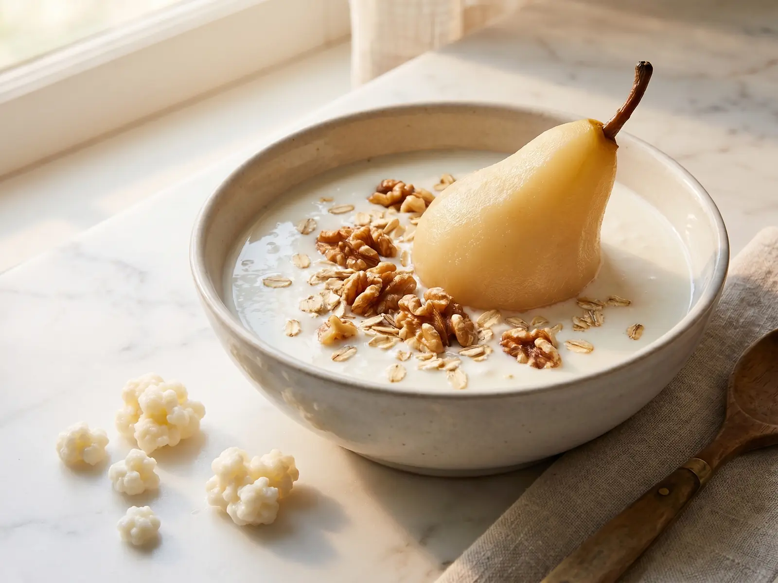 Schale mit fertigem Milchkefir, Birne, N&uuml;ssen und Haferflocken auf hellem Marmor.