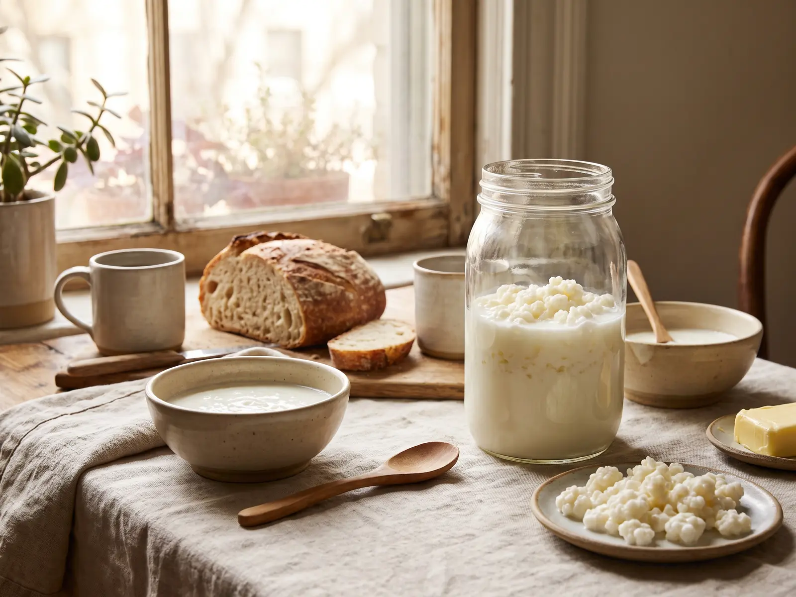 andechser kefir pasteurisiert Frühstückstisch mit fermentierender Milch, Kefirknollen, Keramik und warmem Licht am Fenster.